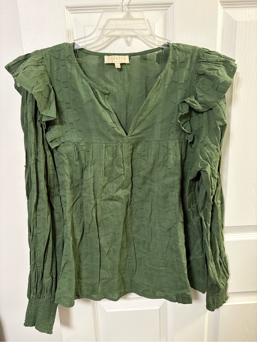 Farmers Market Olive Green Ruffle-Sleeve V-Neck Blouse
